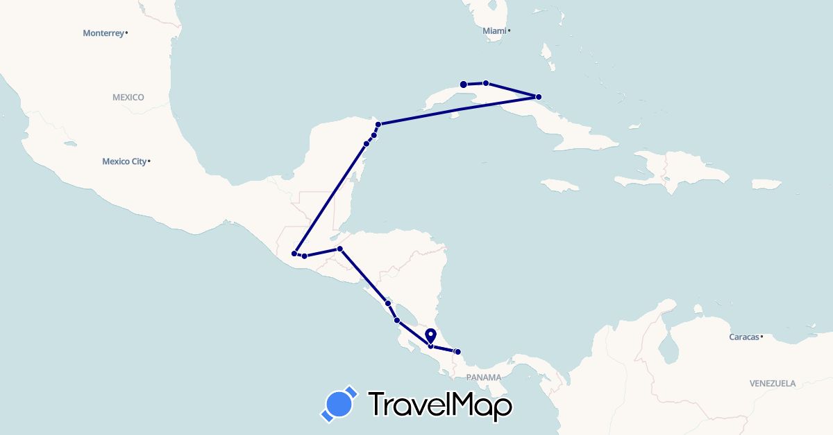 TravelMap itinerary: driving in Costa Rica, Cuba, Guatemala, Honduras, Mexico, Nicaragua (North America)